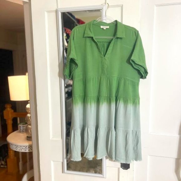 Umgee + Green and Light Blue Linen Blend Dip Dye Dress - Size 1XL - Picture 1 of 5